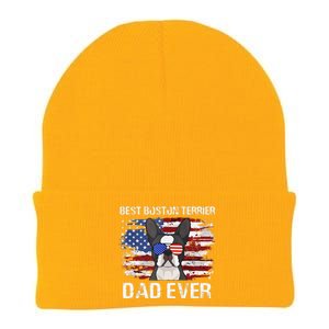 Boston Terrier Dad American Flag 4th Of July Dog Fathers Day Knit Cap Winter Beanie