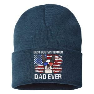 Boston Terrier Dad American Flag 4th Of July Dog Fathers Day Sustainable Knit Beanie