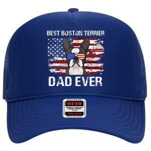 Boston Terrier Dad American Flag 4th Of July Dog Fathers Day High Crown Mesh Back Trucker Hat