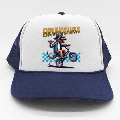 Bruhosaurus Trex Dinosaur Riding Bmx Bike Bruh Trucker Hat