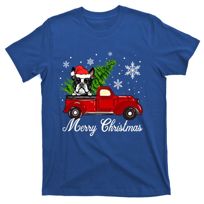 Boston Terrier Dog Riding Red Truck Merry Christmas Pajama Cute Gift T-Shirt