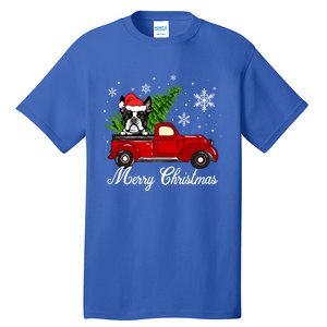 Boston Terrier Dog Riding Red Truck Merry Christmas Pajama Cute Gift Tall T-Shirt