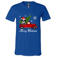 Boston Terrier Dog Riding Red Truck Merry Christmas Pajama Cute Gift V-Neck T-Shirt