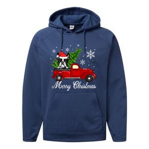 Boston Terrier Dog Riding Red Truck Merry Christmas Pajama Cute Gift Performance Fleece Hoodie