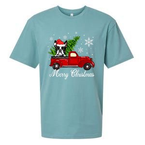 Boston Terrier Dog Riding Red Truck Merry Christmas Pajama Cute Gift Sueded Cloud Jersey T-Shirt