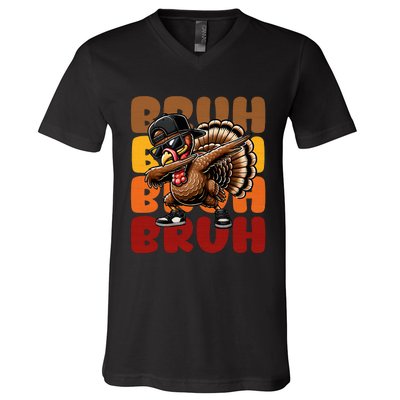 Bruh Turkey Dabbing Thanksgiving For Funny V-Neck T-Shirt