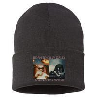 Born To Dilly Dally Forced To Lock In Cat Meme Sustainable Knit Beanie