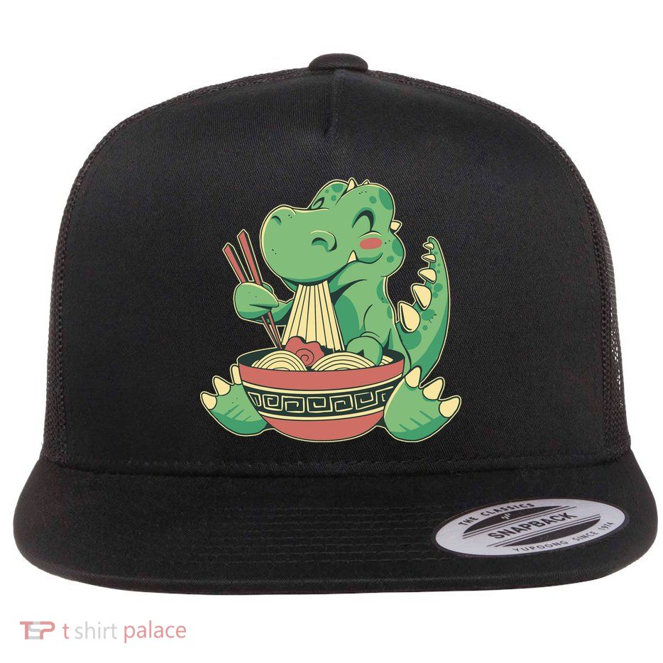 Baby Trex Eating Ramen Noodles Flat Bill Trucker Hat