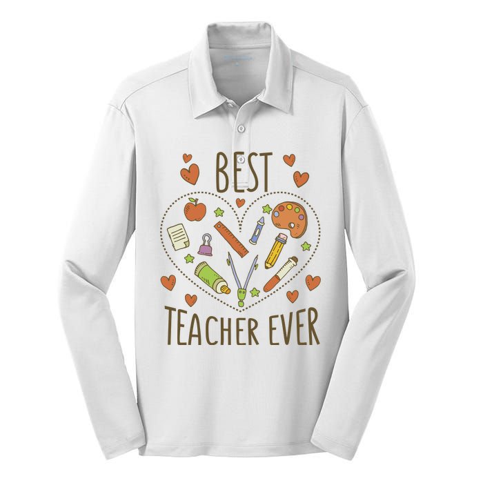 Best Teacher Ever Heart Gift Silk Touch Performance Long Sleeve Polo