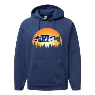 Born To Fish Sunset Trees Fishing Gift Performance Fleece Hoodie