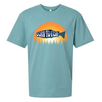 Born To Fish Sunset Trees Fishing Gift Sueded Cloud Jersey T-Shirt