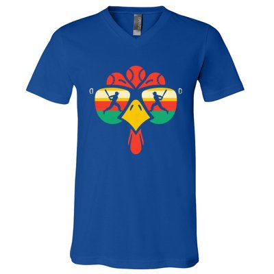 Baseball Turkey Face Sunglasses Thanksgiving Gift V-Neck T-Shirt