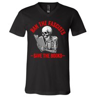 Ban The Fascists Save The Books Funny Book Lover Worm Nerd V-Neck T-Shirt