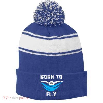 Born To Fly Butterfly Swimmers Swim Meet Gift Stripe Pom Pom Beanie
