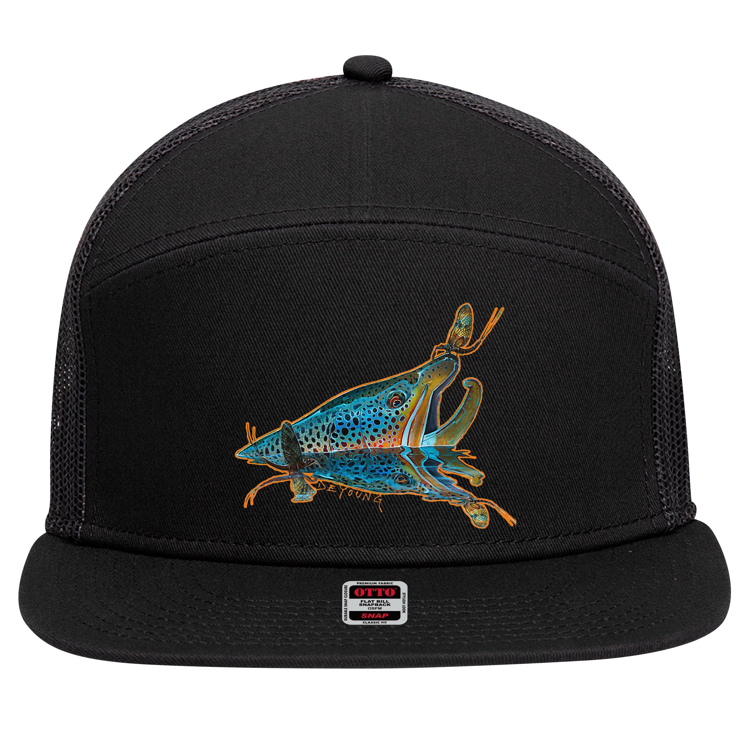 Brown Trout Fishing Emigrant Riser Fly Fishing 7 Panel Mesh Trucker Snapback Hat