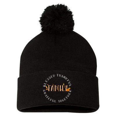 Blessed Thankful Family Thanksgiving Pom Pom 12in Knit Beanie