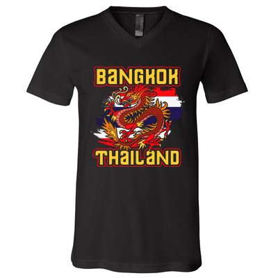 Bangkok Thai Flag Asia Dragon Thailand V-Neck T-Shirt