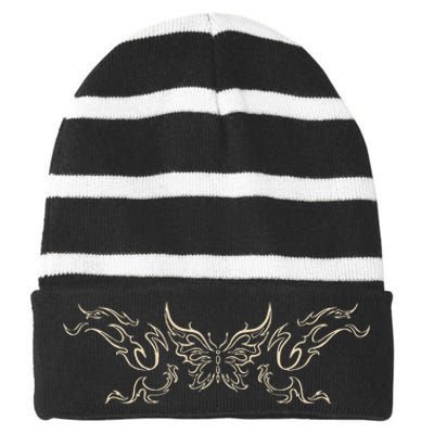 Butterfly Tattoo Grunge Fairycore Aesthetic Goth Striped Beanie with Solid Band