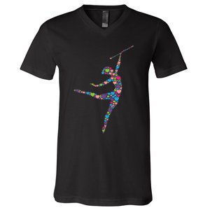 Baton Twirling Girl Silhouette Dancing Twirler Majorette V-Neck T-Shirt