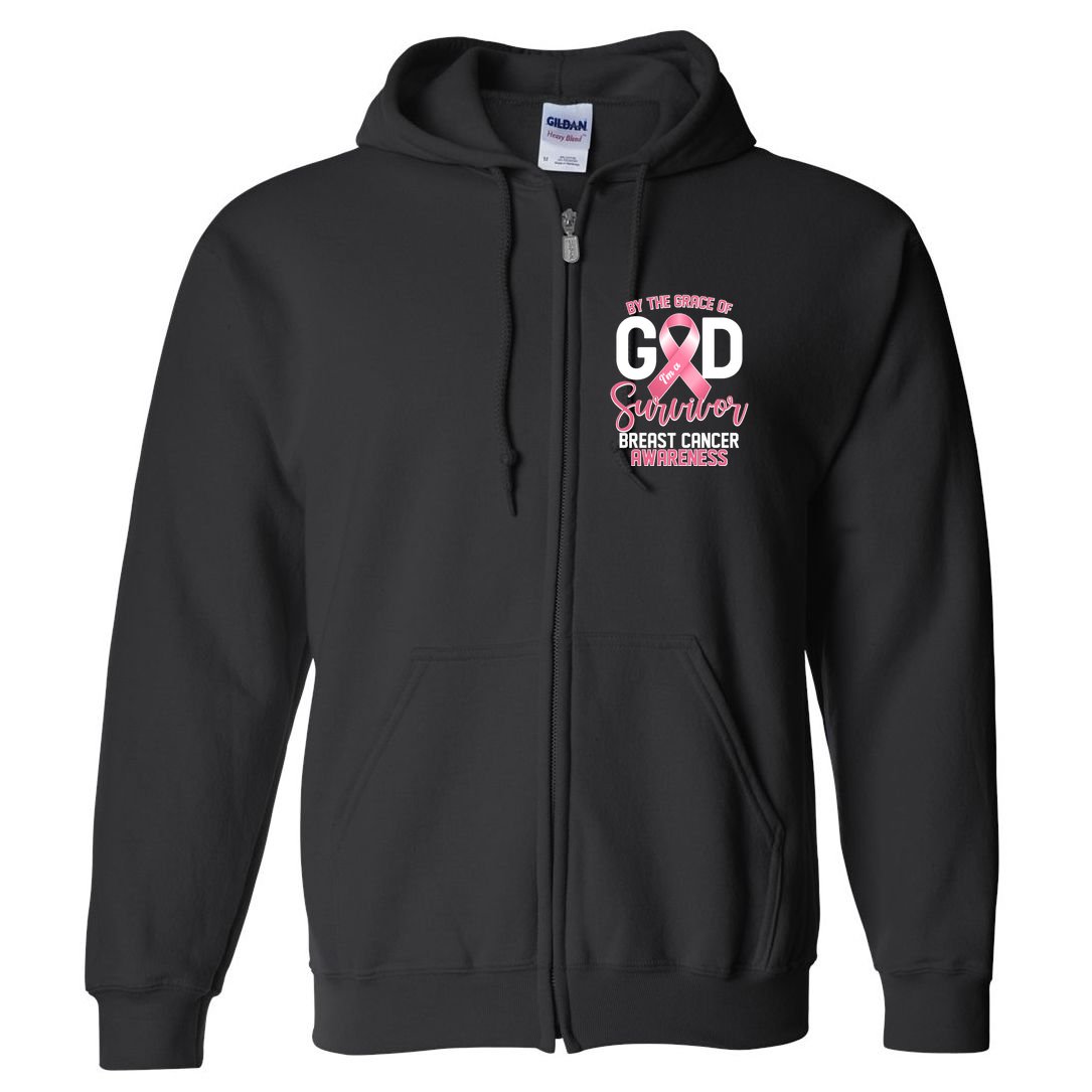 By The Grace Of God IM A Survivor Breast Cancer Awareness Full Zip Hoodie