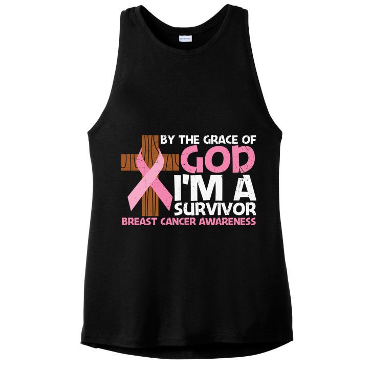 By The Grace Of God I'm A Survivor Breast Cancer Awareness Cross Pink Ribbon Ladies PosiCharge Tri-Blend Wicking Tank