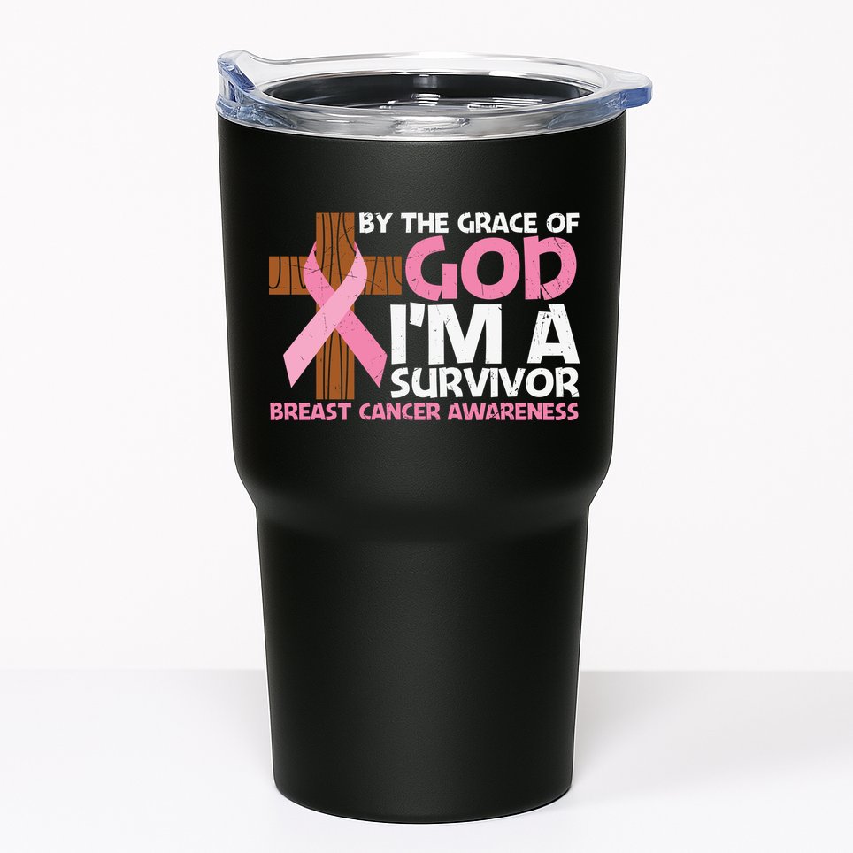 By The Grace Of God I'm A Survivor Breast Cancer Awareness Cross Pink Ribbon Tumbler