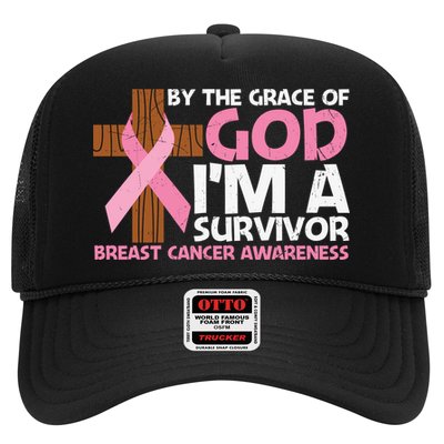 By The Grace Of God I'm A Survivor Breast Cancer Awareness Cross Pink Ribbon Trucker Hat