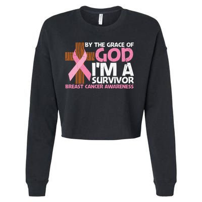 By The Grace Of God I'm A Survivor Breast Cancer Awareness Cross Pink Ribbon Cropped Pullover Crew