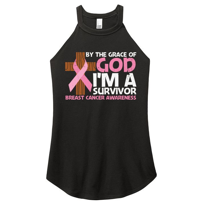 By The Grace Of God I'm A Survivor Breast Cancer Awareness Cross Pink Ribbon Women's Perfect Tri Rocker Tank