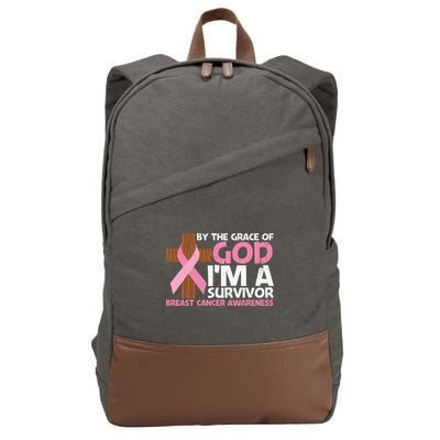 By The Grace Of God I'm A Survivor Breast Cancer Awareness Cross Pink Ribbon Cotton Canvas Backpack