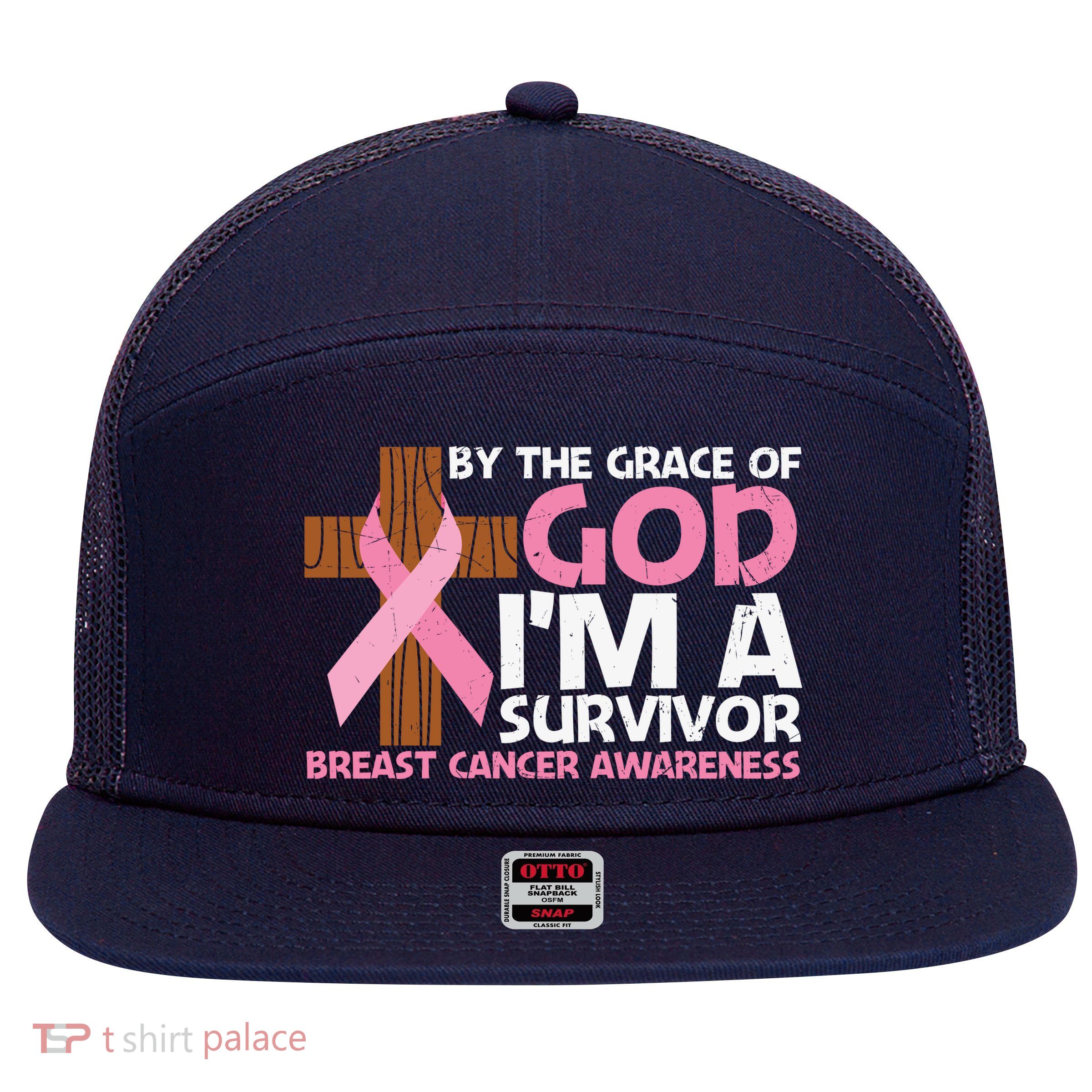 By The Grace Of God I'm A Survivor Breast Cancer Awareness Cross Pink Ribbon 7 Panel Mesh Trucker Snapback Hat