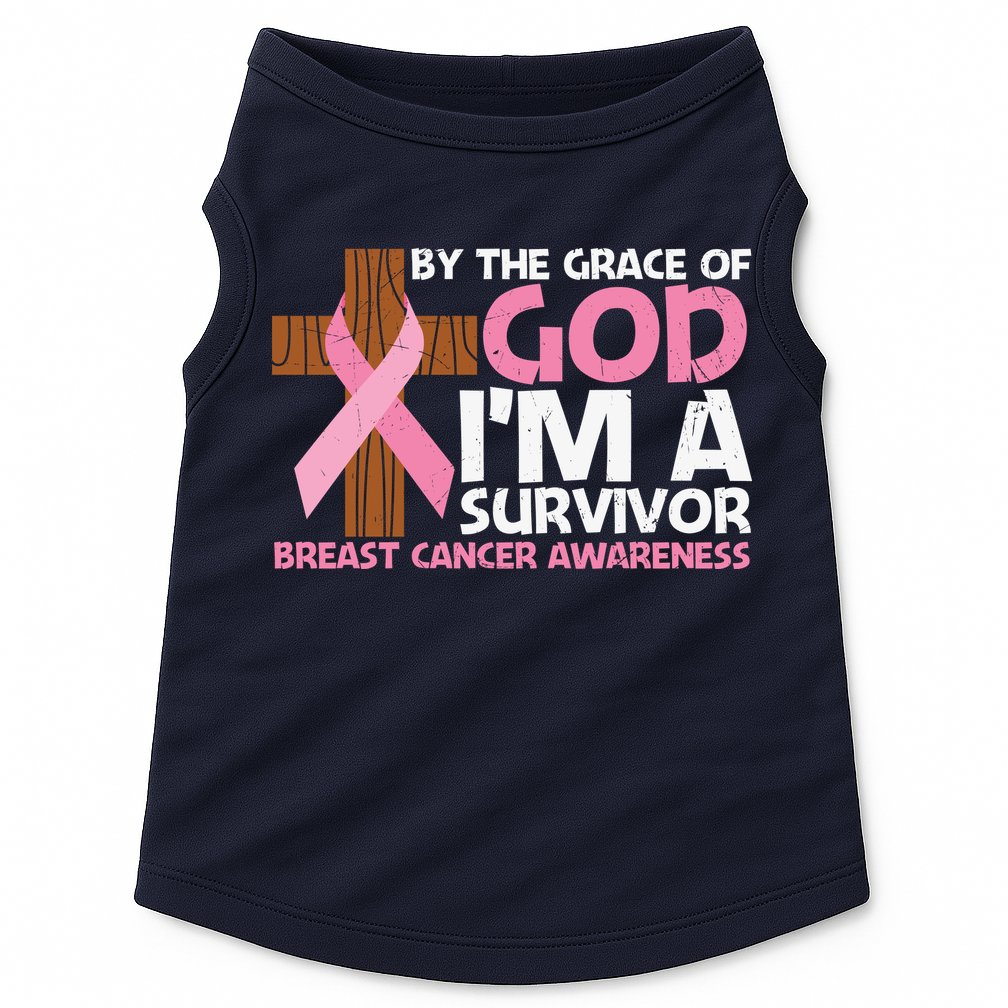 By The Grace Of God I'm A Survivor Breast Cancer Awareness Cross Pink Ribbon Doggie Tank
