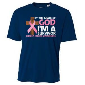 By The Grace Of God I'm A Survivor Breast Cancer Awareness Cross Pink Ribbon Cooling Performance Crew T-Shirt