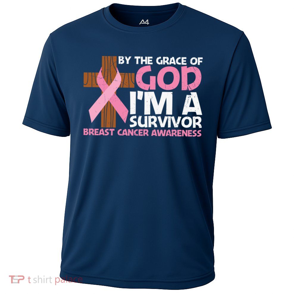 By The Grace Of God I'm A Survivor Breast Cancer Awareness Cross Pink Ribbon Performance Shirt