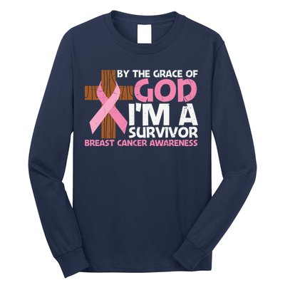 By The Grace Of God I'm A Survivor Breast Cancer Awareness Cross Pink Ribbon Long Sleeve Shirt