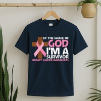 By The Grace Of God I'm A Survivor Breast Cancer Awareness Cross Pink Ribbon T-Shirt