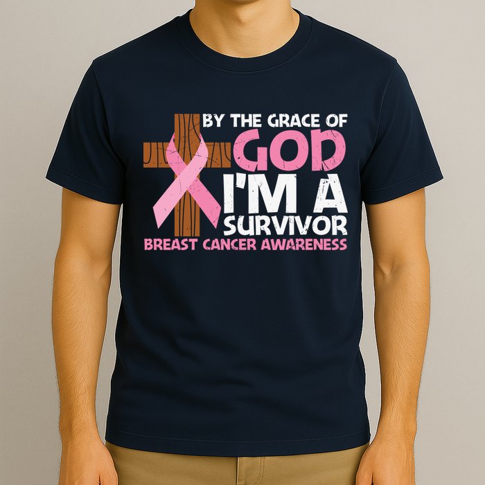 By The Grace Of God I'm A Survivor Breast Cancer Awareness Cross Pink Ribbon T-Shirt
