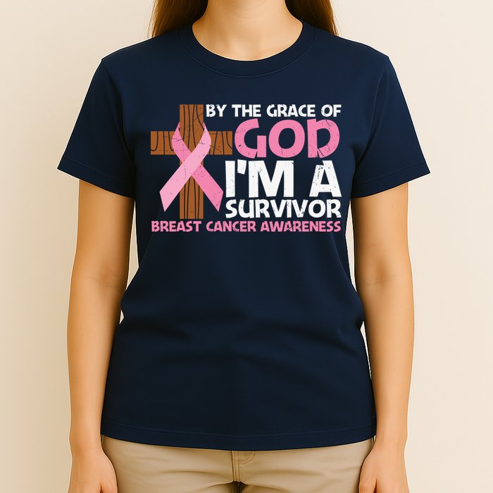 By The Grace Of God I'm A Survivor Breast Cancer Awareness Cross Pink Ribbon T-Shirt