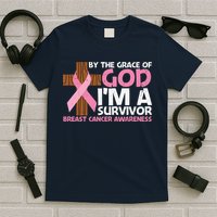 By The Grace Of God I'm A Survivor Breast Cancer Awareness Cross Pink Ribbon T-Shirt