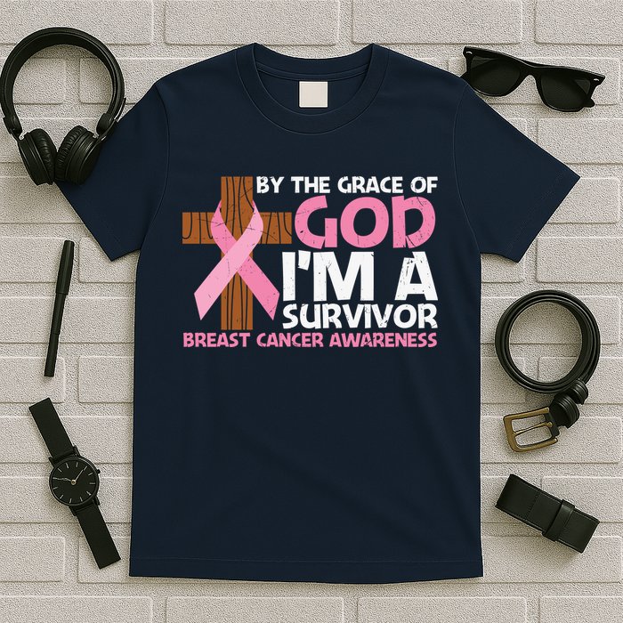 By The Grace Of God I'm A Survivor Breast Cancer Awareness Cross Pink Ribbon T-Shirt