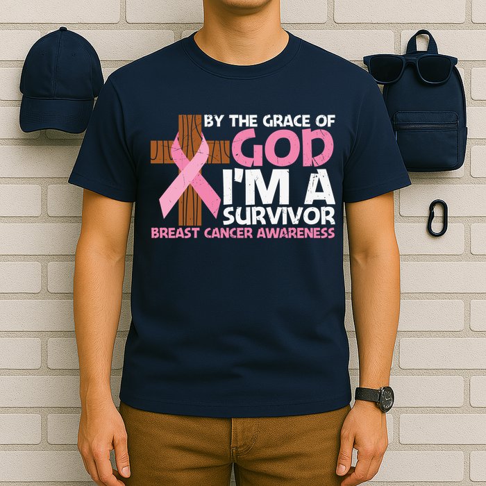 By The Grace Of God I'm A Survivor Breast Cancer Awareness Cross Pink Ribbon T-Shirt