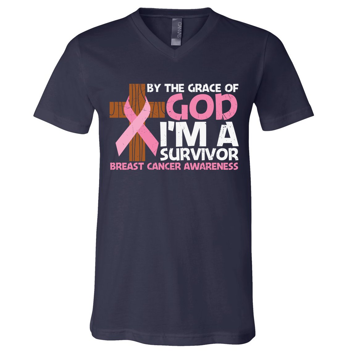 By The Grace Of God I'm A Survivor Breast Cancer Awareness Cross Pink Ribbon V-Neck T-Shirt