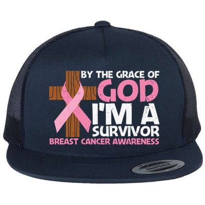 By The Grace Of God I'm A Survivor Breast Cancer Awareness Cross Pink Ribbon Flatbill Hat