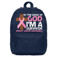 By The Grace Of God I'm A Survivor Breast Cancer Awareness Cross Pink Ribbon 16 in Basic Backpack