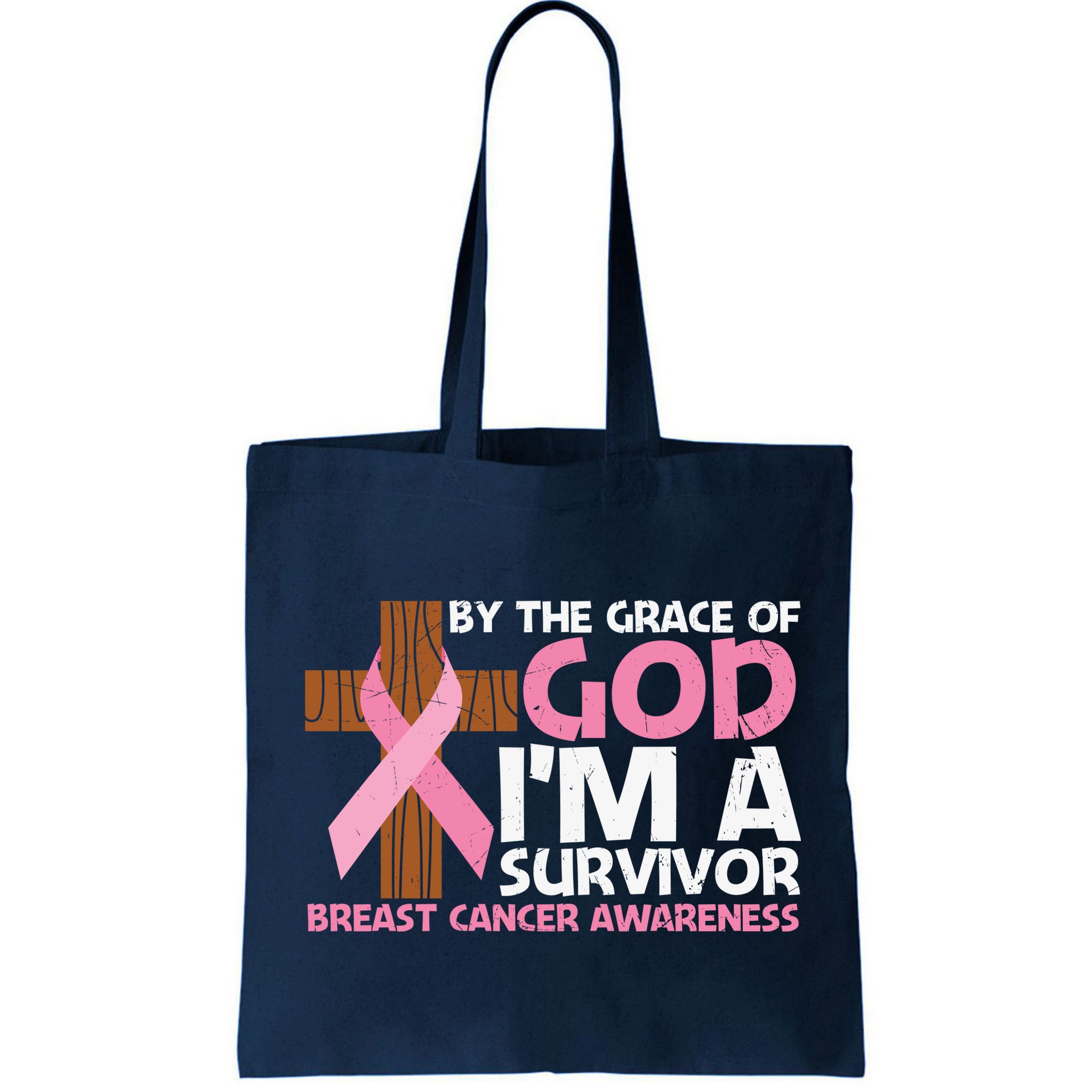 By The Grace Of God I'm A Survivor Breast Cancer Awareness Cross Pink Ribbon Bag
