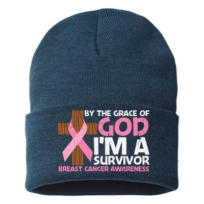 By The Grace Of God I'm A Survivor Breast Cancer Awareness Cross Pink Ribbon Sustainable Knit Beanie