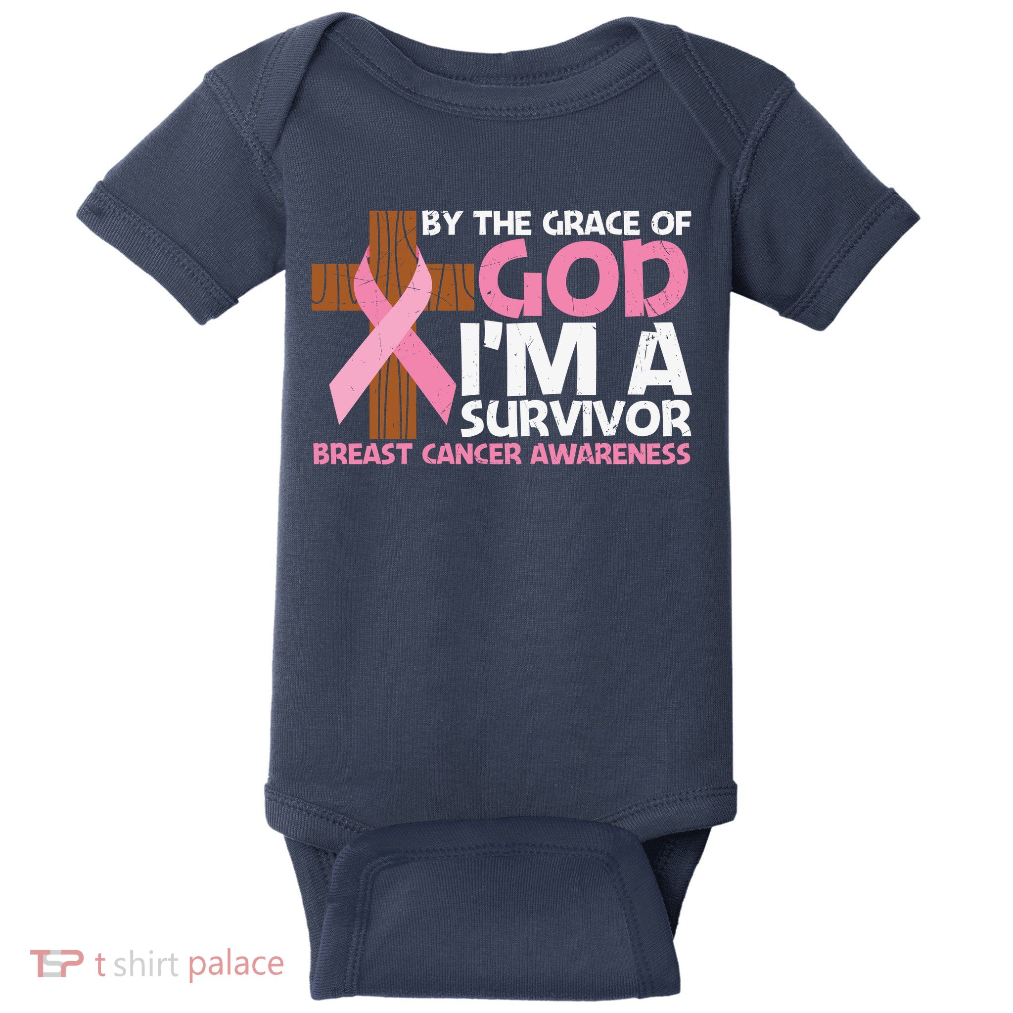 By The Grace Of God I'm A Survivor Breast Cancer Awareness Cross Pink Ribbon Baby Bodysuit