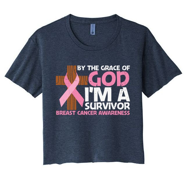 By The Grace Of God I'm A Survivor Breast Cancer Awareness Cross Pink Ribbon Crop Top