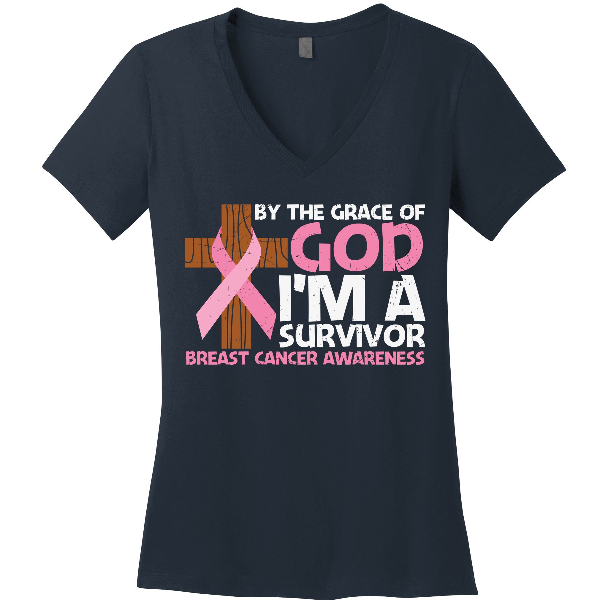 By The Grace Of God I'm A Survivor Breast Cancer Awareness Cross Pink Ribbon Women's V-Neck T-Shirt