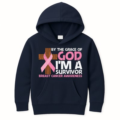 By The Grace Of God I'm A Survivor Breast Cancer Awareness Cross Pink Ribbon Kids Hoodie